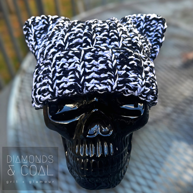 Cat Ear Fold Over Beanie - Black and White