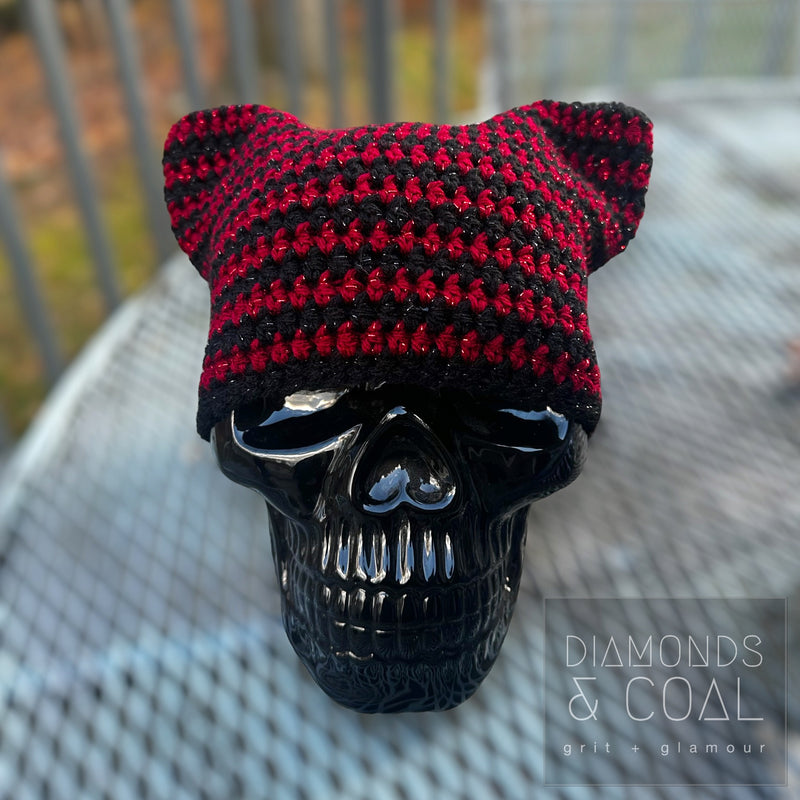 Cat Ear Striped Beanie - Cranberry Sparkle and Black Sparkle