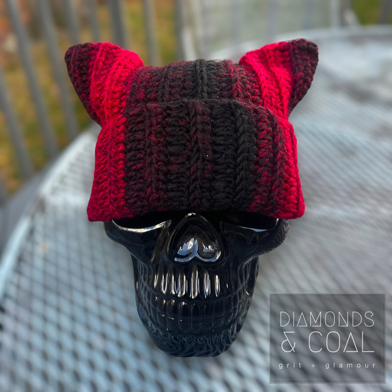 Cat Ear Fold Over Beanie - Black Cranberry Ombre