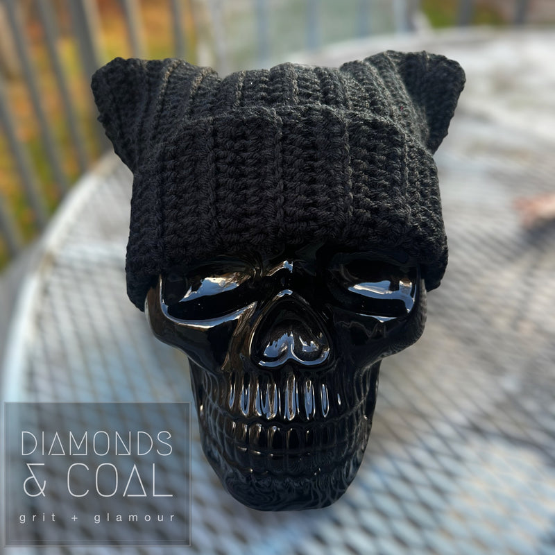 Cat Ear Fold Over Beanie - Black