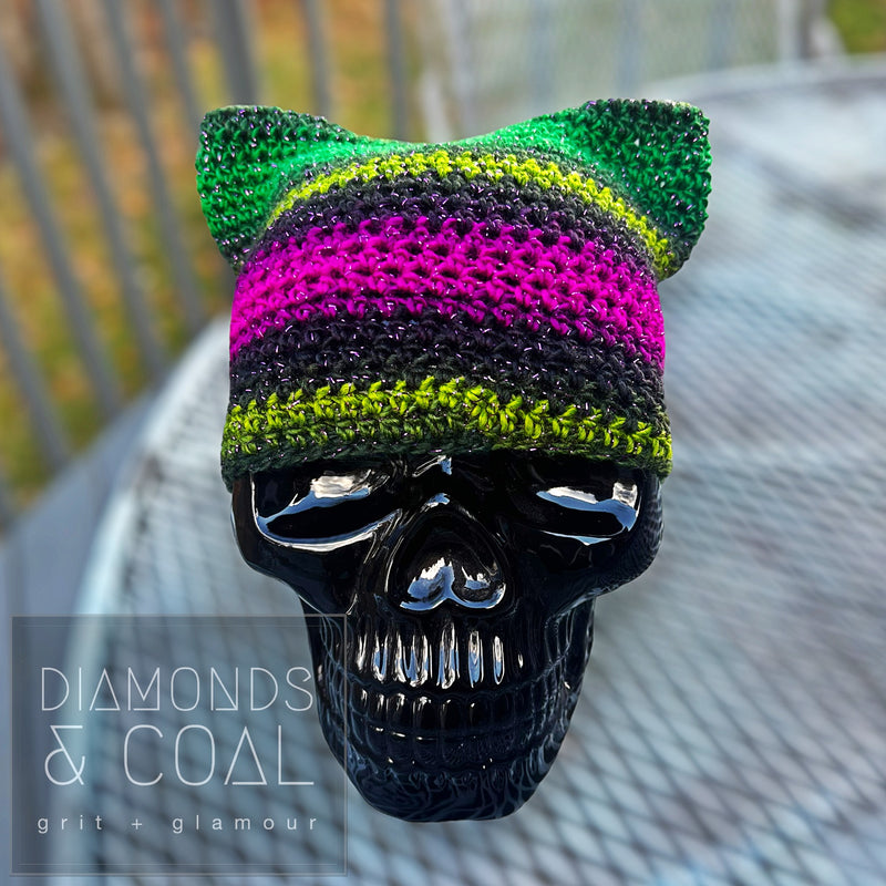 Cat Ear Striped Beanie - Green Halloween Sparkle