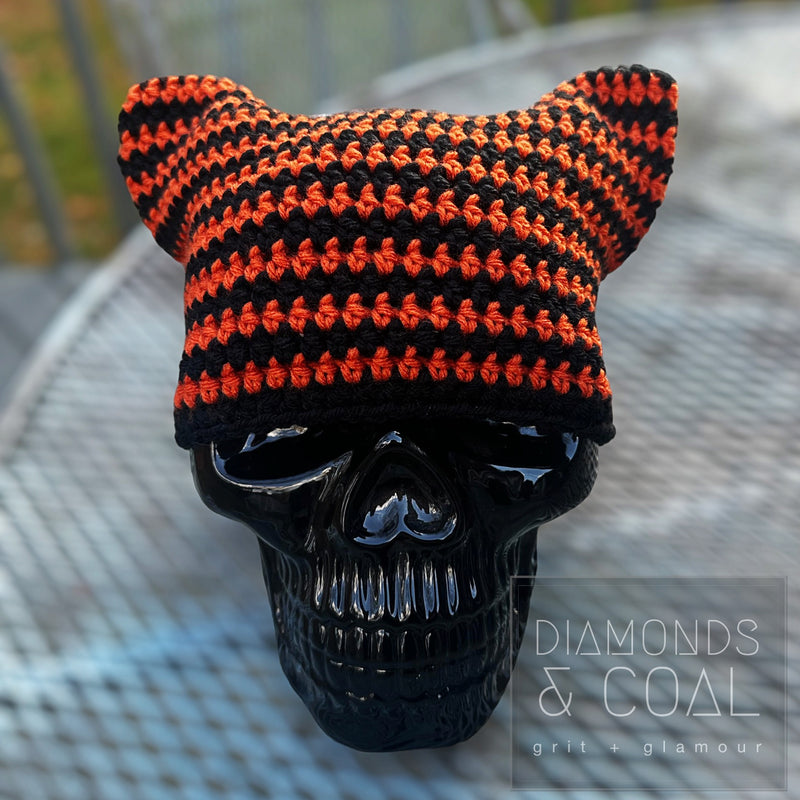 Cat Ear Striped Beanie - Pumpkin and Black