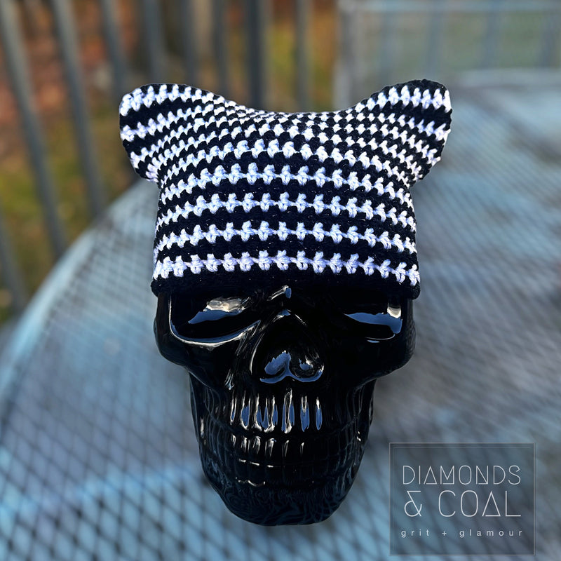 Cat Ear Striped Beanie - Black Sparkle and White