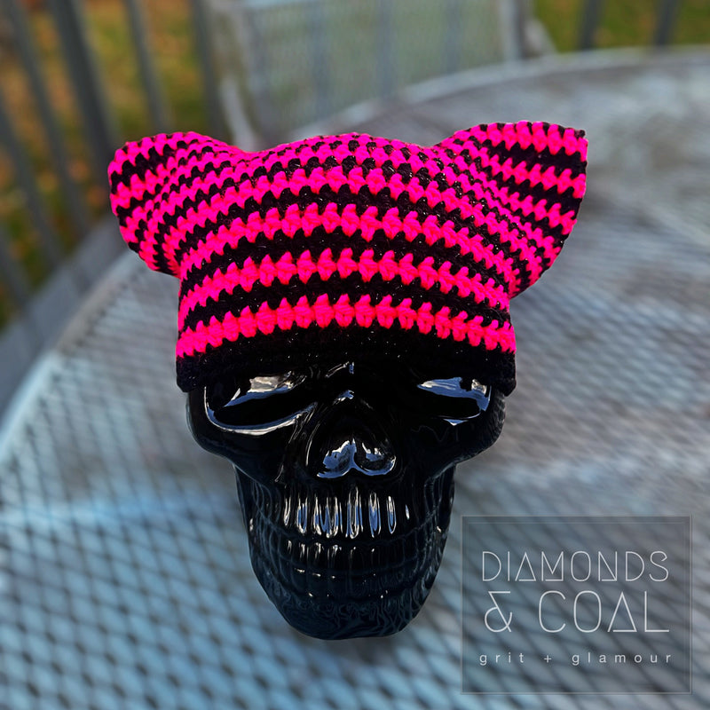 Cat Ear Striped Beanie - Hot Pink and Black Sparkle