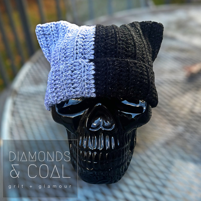 Cat Ear Fold Over Beanie - Black Grey Sparkle Split