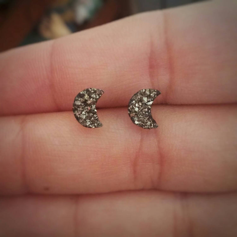 Crushed Pyrite Crescent Moon Earring Studs