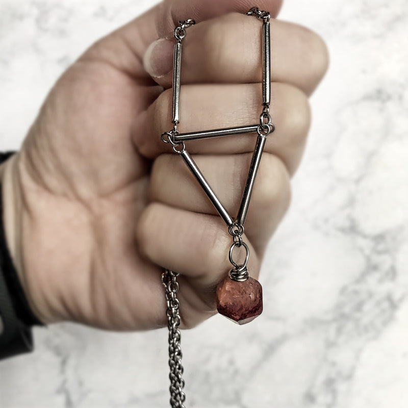 Stainless Steel Triangle Necklace - Strawberry Quartz