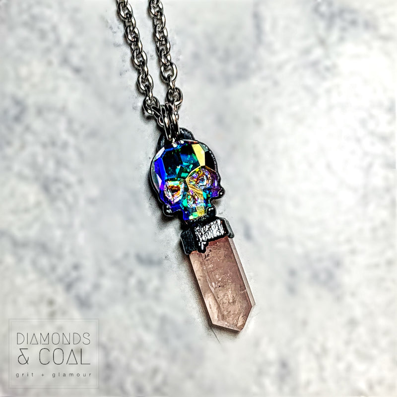 Electroformed Swarovski Skull and Rose Quartz Crystal Point Necklace #1