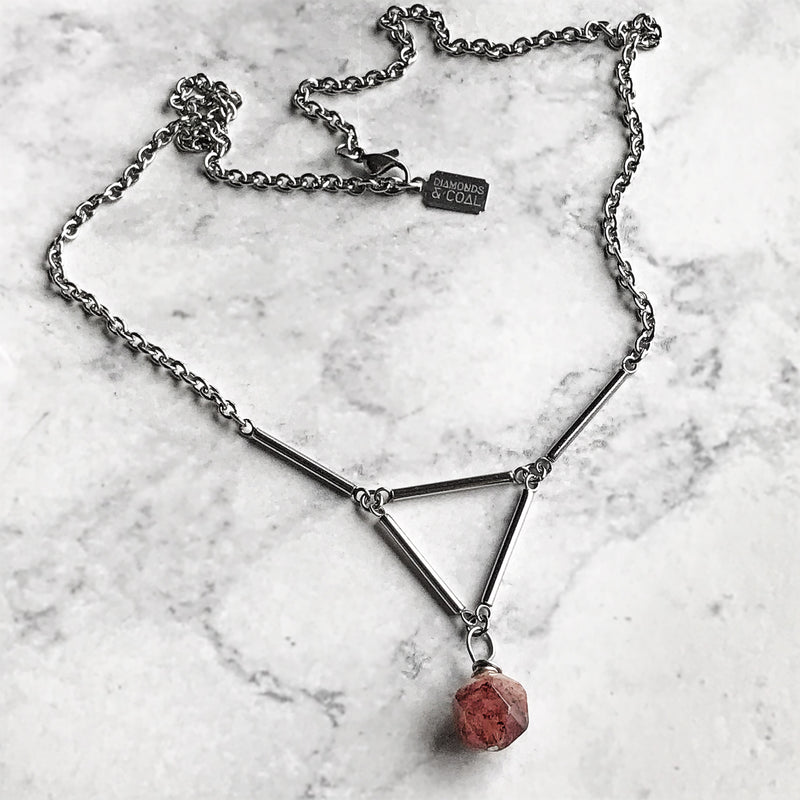 Stainless Steel Triangle Necklace - Strawberry Quartz