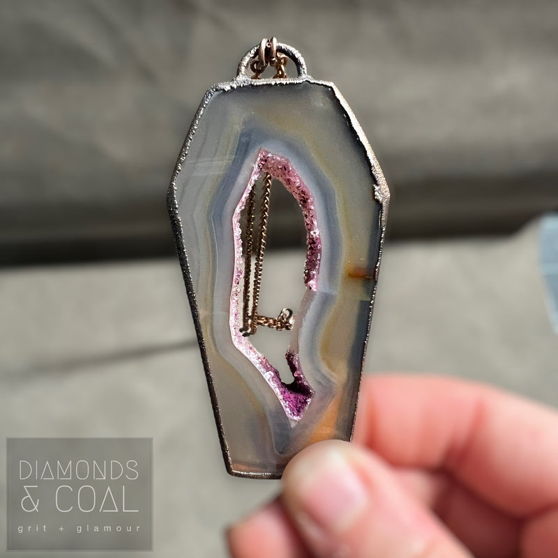 Electroformed Large Agate Druzy Coffin Necklace #1
